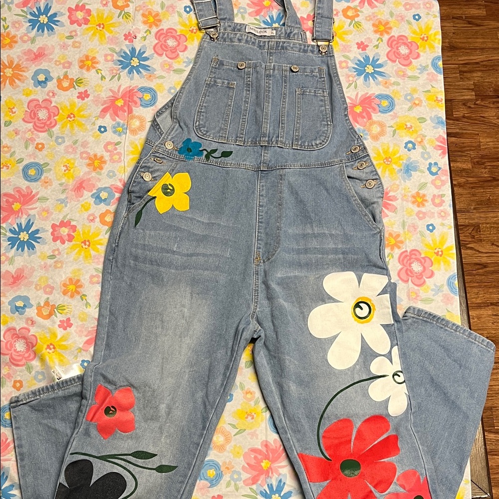 MISSLOOK Women's Blue Denim Overalls with Floral Design